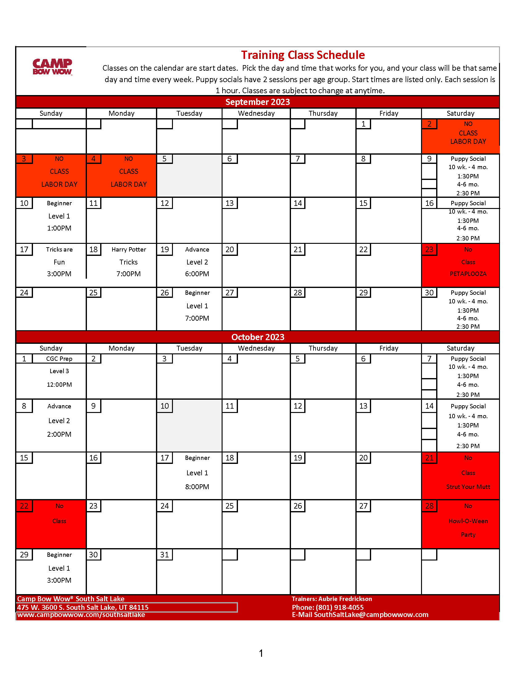 September and October Training Calendars